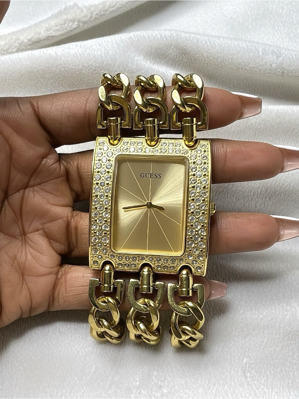 GUESS Gold Crystal-Accented Chain Bracelet Watch